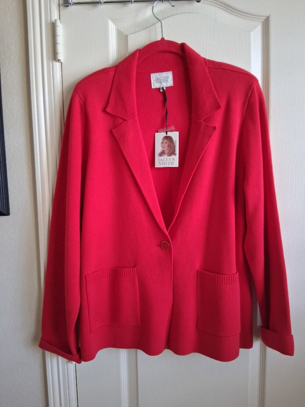 Jaclyn Smith Women’s Sz XL Knit Blazer Cardigan Jacket Red Open Front Preppy NWT